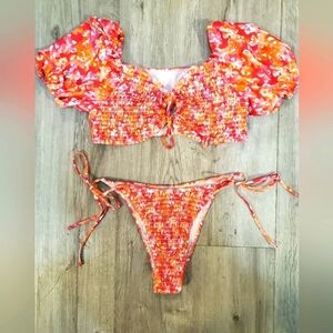 💚5/$25 Puff Sleeve Tropical Floral 2 Bikini Set Cheeky Bottom Smocked Swimsuit